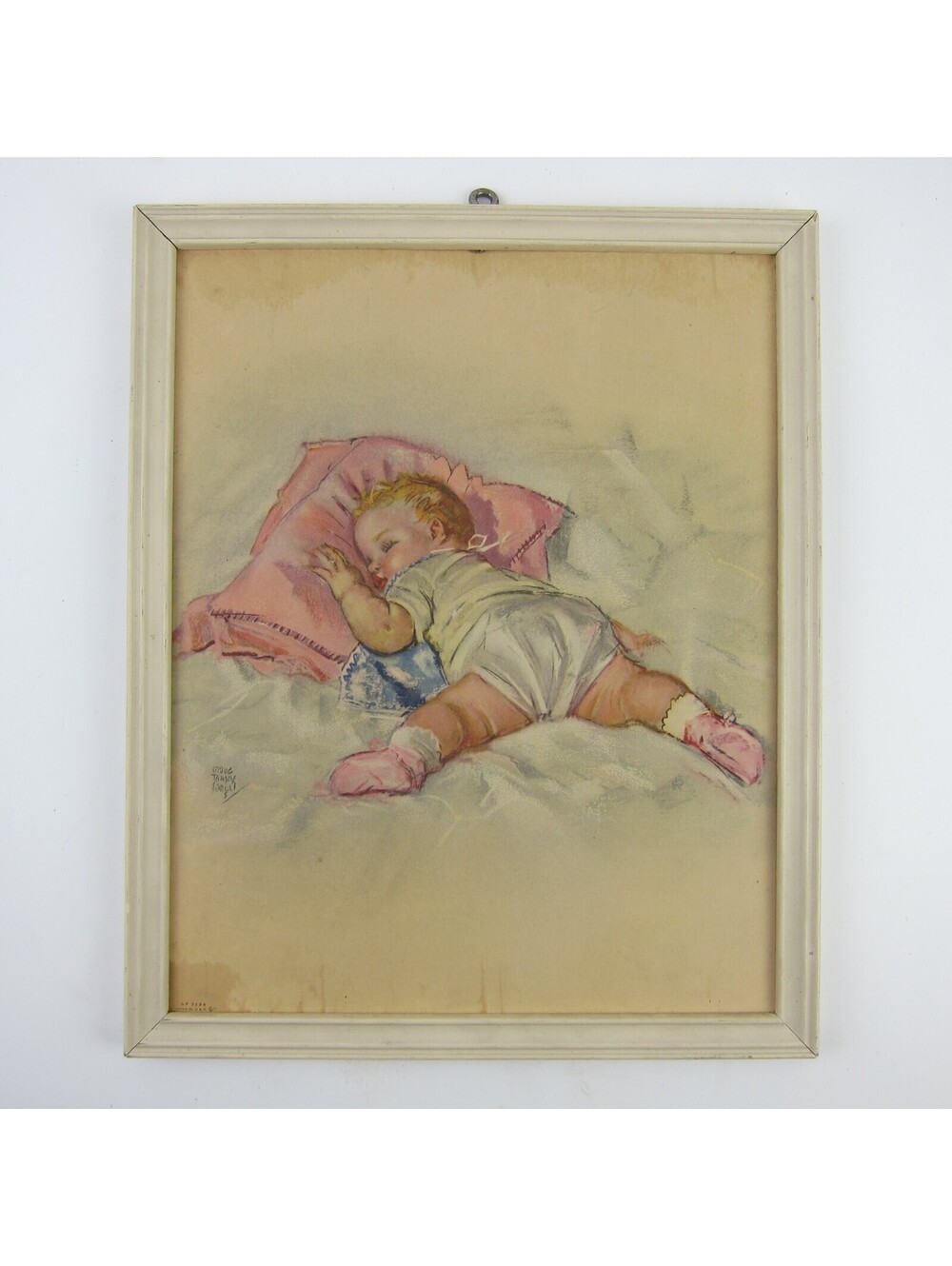 Vintage Sleeping Baby 3D Lithograph Maud Tousey Fangel All Tuckered Out 1930s